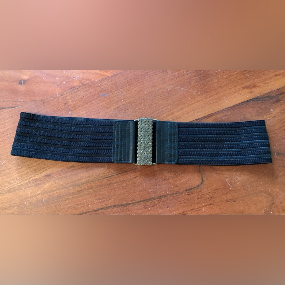 Vintage black elastic and leather belt with pewter gemstones L to XL